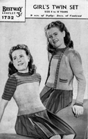 vintage girls twin set jumper and cardigan knitting pattern from 1940s to fit 8 to 10 years