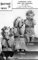 vintage little girls knitting pattern for cardigans with fair isle trim from 1940s to fit 3 to 7 years