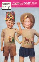 vintage boys and girls picture knit jumper with red indian and cowboy motifs fair isle from 1950s