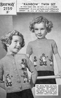 vintage childs jumper and cardigan twinset Rainbow figures Mrs bruin, boby and Jacko Bears fair isle knitting pattern 1940s