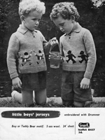 vintage jumpers for boys with collar abnd placket soldiers and teddy bear fair isle motifs 1940s