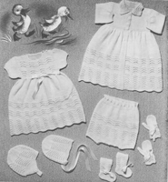vintage baby layette in feather and fan stitch knitting pattern from 1940s