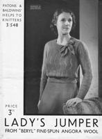 vintage ladies 1930s knitting pattern from patons for jumper with bow