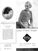 vintage ladies v neck jumper knitting pattern from 1930s