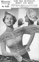 vintage ladies fair isle beret cadigan and mittens from 1940s weldons 835