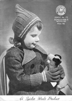 little girls pixie good knitting pattern from 1940s with gloves as well