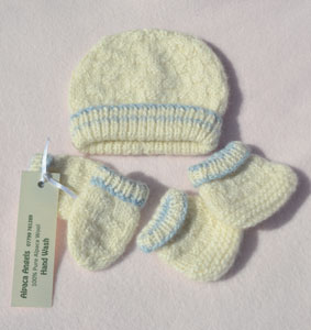 vintage style baby boys pullon hat and bootes and mittens in baby alpaca wool