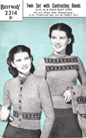 vintage older girls twin set knitting pattern with fair ils border and yoke to fit 32 to 36 inch bust 1940s