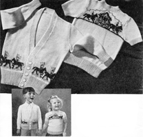 vintage picture knit for child jumper and cardigan with Royal Coronation Coach trooping the colour motifs 1950s