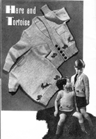 vintage childs knitting pattern with hare and tortoise motif from 1950s