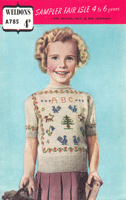 vintage gitls fair isle picture knit jumper with sampler motifs to fit 4 to 6 years from 1940s