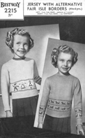 fair isle vintage knitting pattern for childs jumper with dolls and dogs as borders 1940s Bestway 2215
