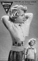 vintage girls twin set cardigan and jumper with dutch theme border fair isle knitting pattern 1940s Bestway A2670
