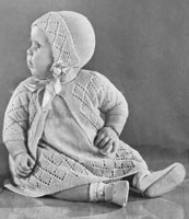 vintage knitting pattern baby afternoon set with dress, jacket and bonnet from 1930s
