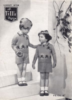 vintage girls boys set beret jumper gloves skirt shorts teddy bear motifes picture knits 1940s