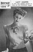 vintage ladies jumper with tie neck knitting pattern from 1940s