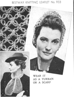 vintage crochet pattern for turban and scarf in solomans knot from 1940s