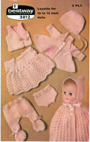 Lovely vintage dolls knitting pattern. Dress, coat, vest knickers, bonnet, leggings. and cape