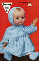 Vintage dolls knitting pattern. A lovely pattern for a complete set of dress, bonnet, matinee coat, boottees and knickers