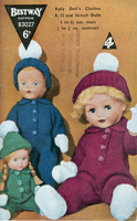 Vintage doll knitting pattern for a little all in one suit with bobble hat and, shoes and gloves